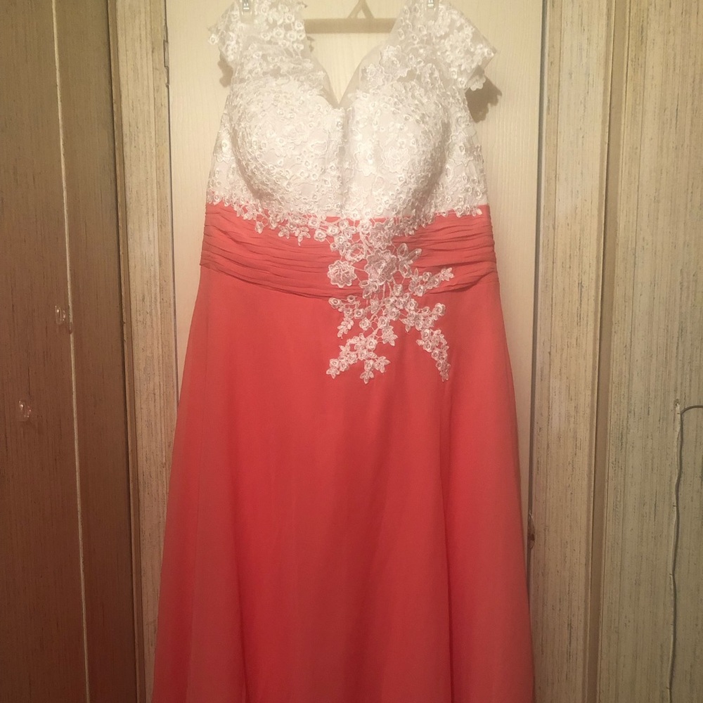 Coral Mother Of The Bride Dress with lace appliques. Tea length with pockets. - Picture 2 of 4